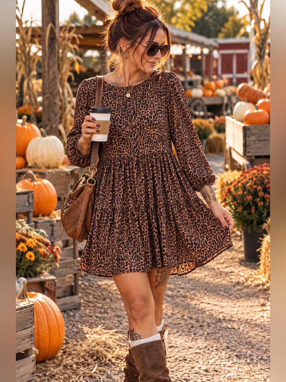 Hinge Leopard Print Long Sleeve Babydoll Mini Dress Size Small